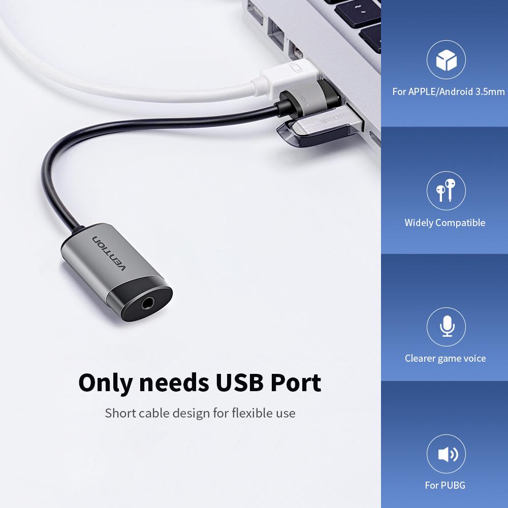 VENTION Thẻ âm thanh USB Bộ điều hợp âm thanh nổi bên ngoài với micrô tai nghe 3,5 mm Thay thế cho máy tính xách tay / máy tính để bàn / PS4