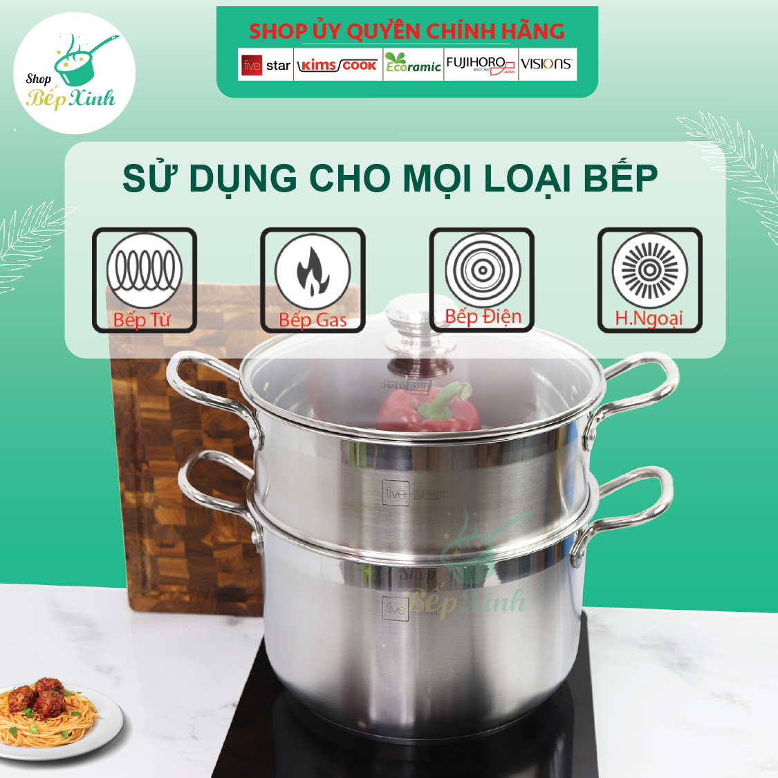 Bộ nồi xửng hấp inox 3 đáy bếp từ Fivestar 28 cm nắp kính