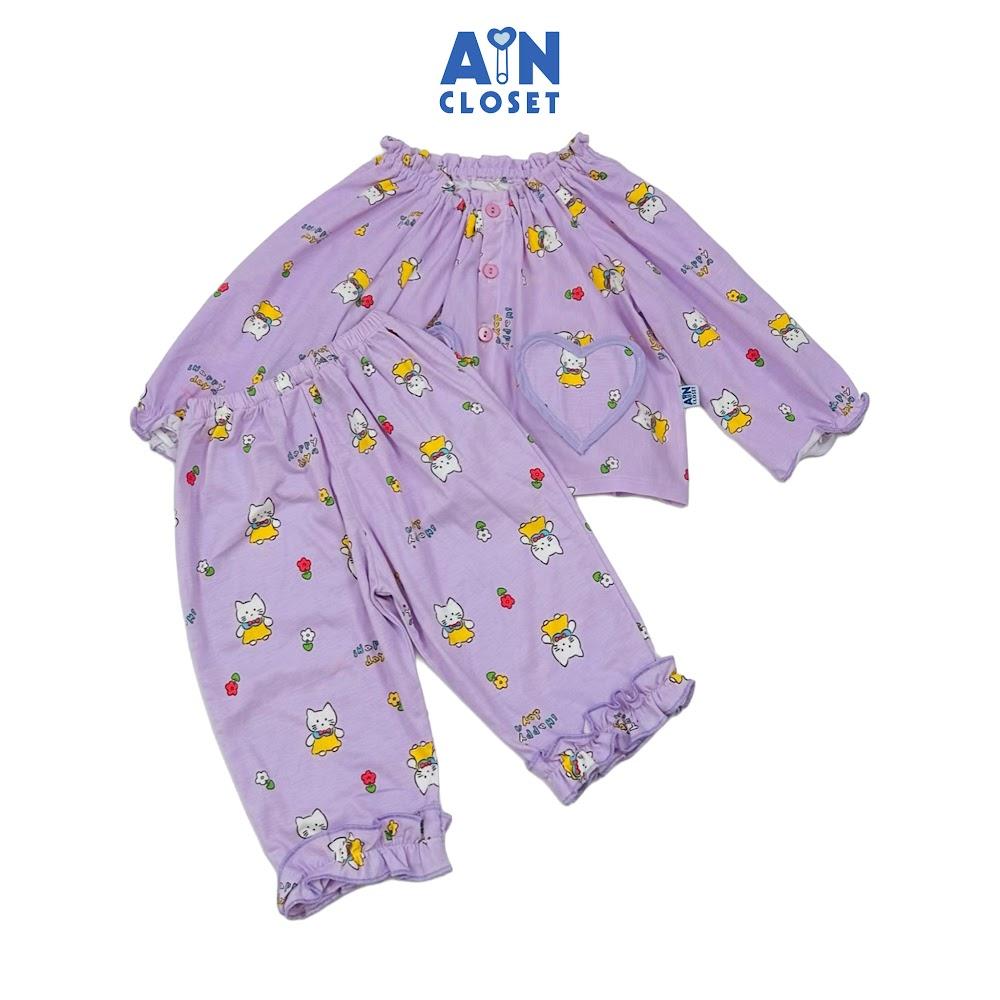 Bộ quần áo Dài bé gái họa tiết Mèo Tim Tím Thun cotton - AICDBGMEO9BM - AIN Closet