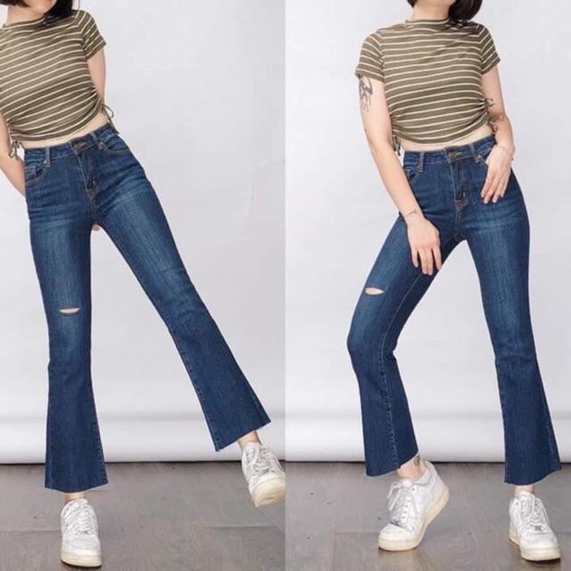 Quần jeans loe lửng cạp cao giãn mềm
