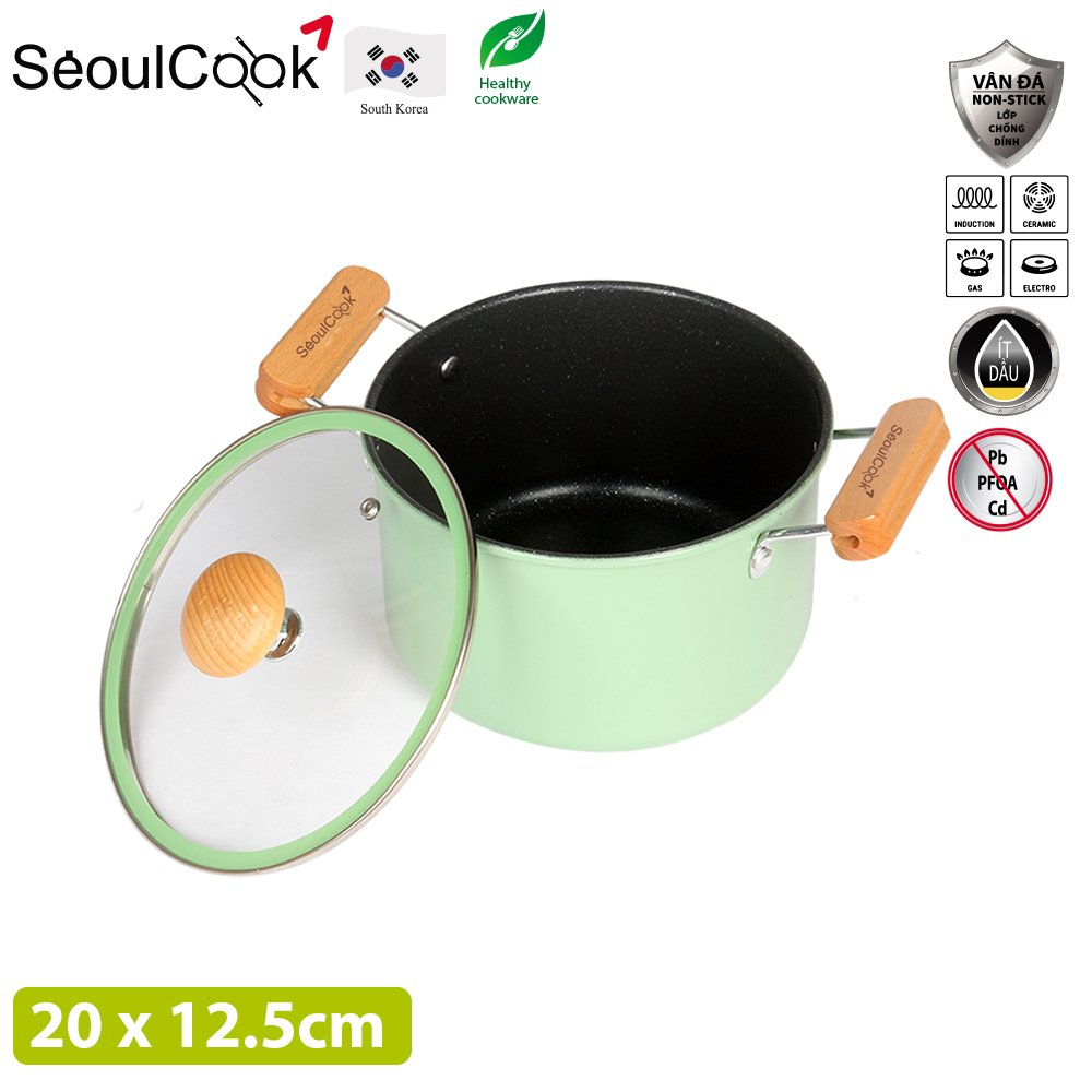 Bộ 2 món quánh 16cm + nồi 20cm đáy từ / Induction cao cấp Hàn Quốc Seoulcook Luxury, chống dính vân đá an toàn cho sức khỏe, dùng được tất cả các loại bếp– Hàng chính hãng