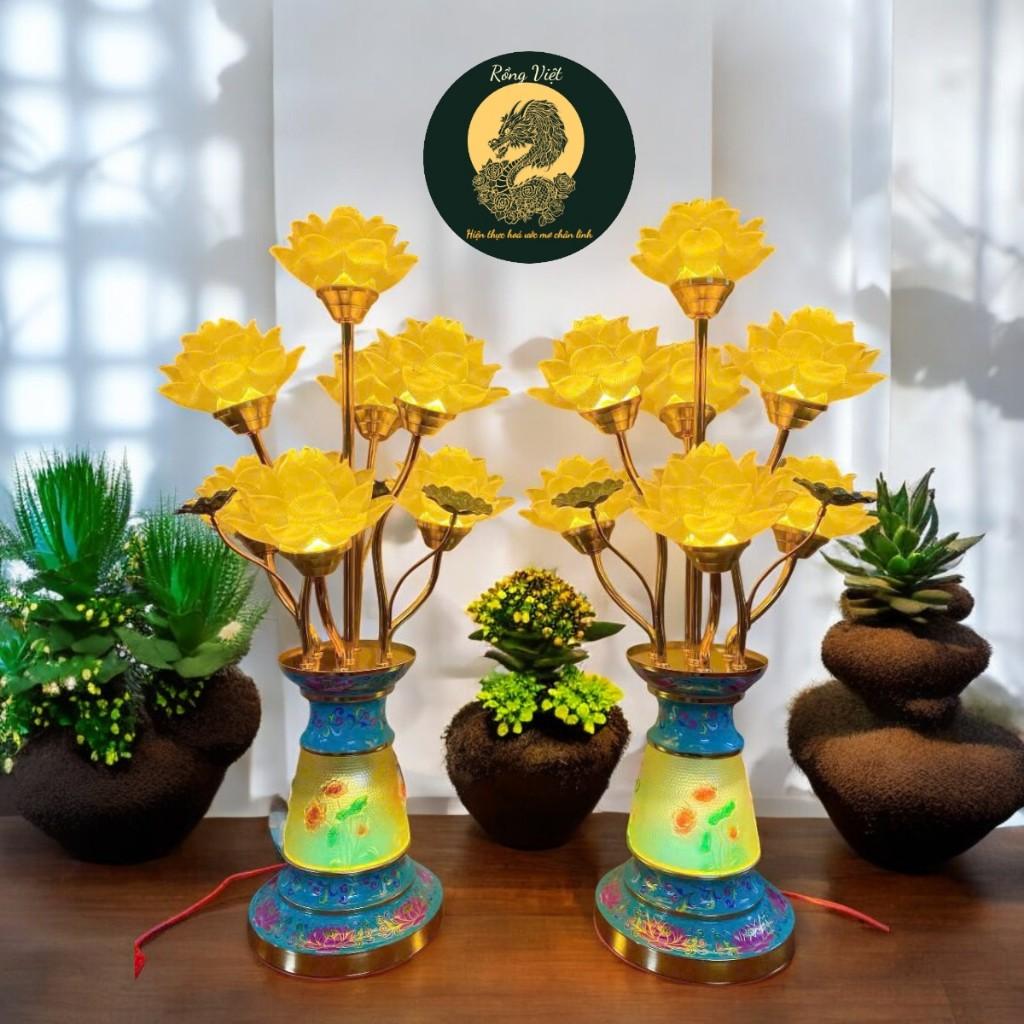 [MẪU MỚI] Cặp đèn hoa sen bình lưu ly RỒNG VIỆT, cặp đèn thờ 5 bông, 7 bông bình xanh lưu ly cao cấp