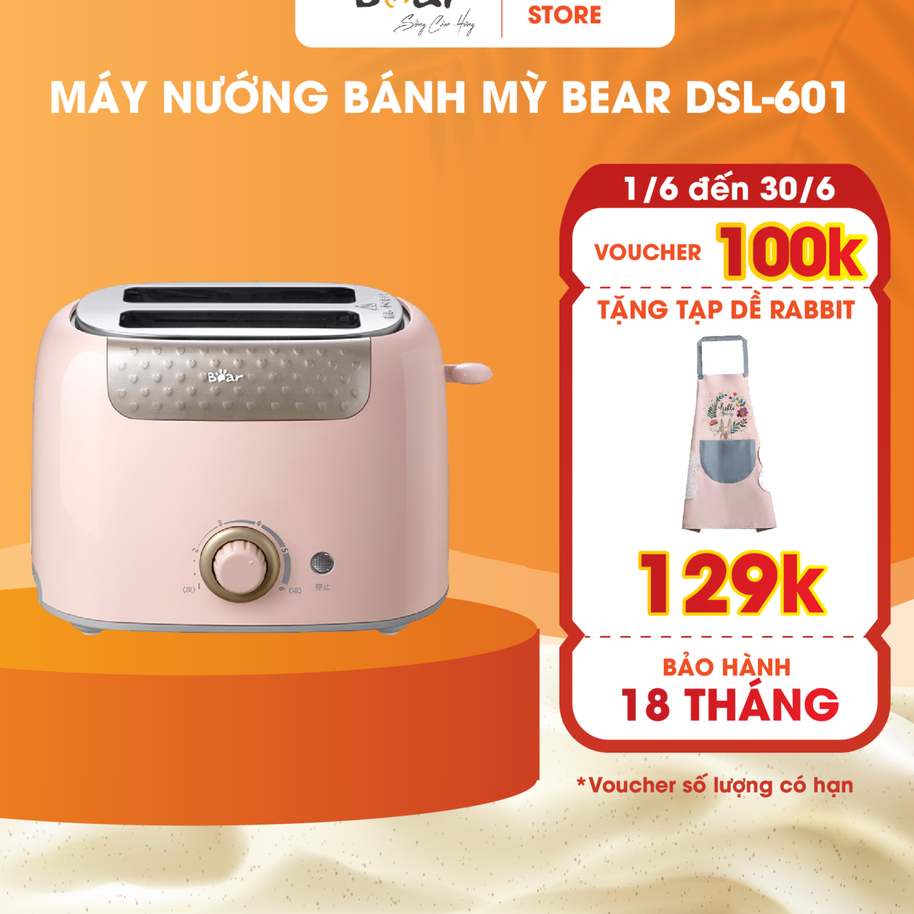 Máy Nướng Bánh Mì Sandwich Bear 6 Mức Điều Chỉnh Tích Hợp Chức Năng Nướng Hẹn Giờ Tự Động DSL-601 - Hàng Nhập Khẩu