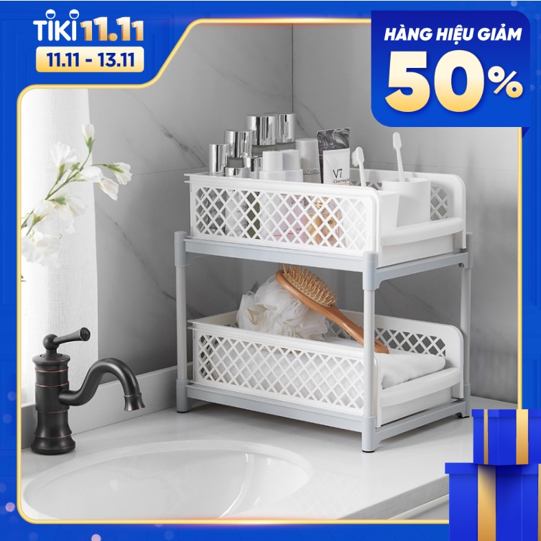 Kệ Nhựa Nhà Bếp 2 Tầng  Đựng Vật Dụng Có Thể Kéo Ra 26x37x38cm- Hàng Chính Hãng