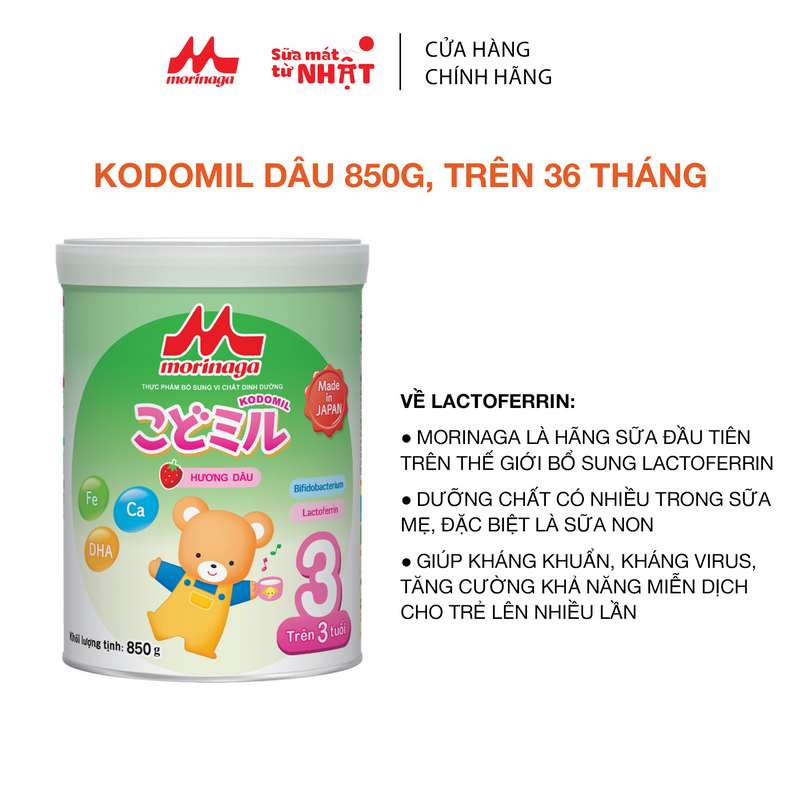 Sữa Morinaga số 3 Kodomil lon 850g hương Vani / hương dâu - cho bé từ 3 tuổi trở lên Hàng nguyên đai, nguyên tem