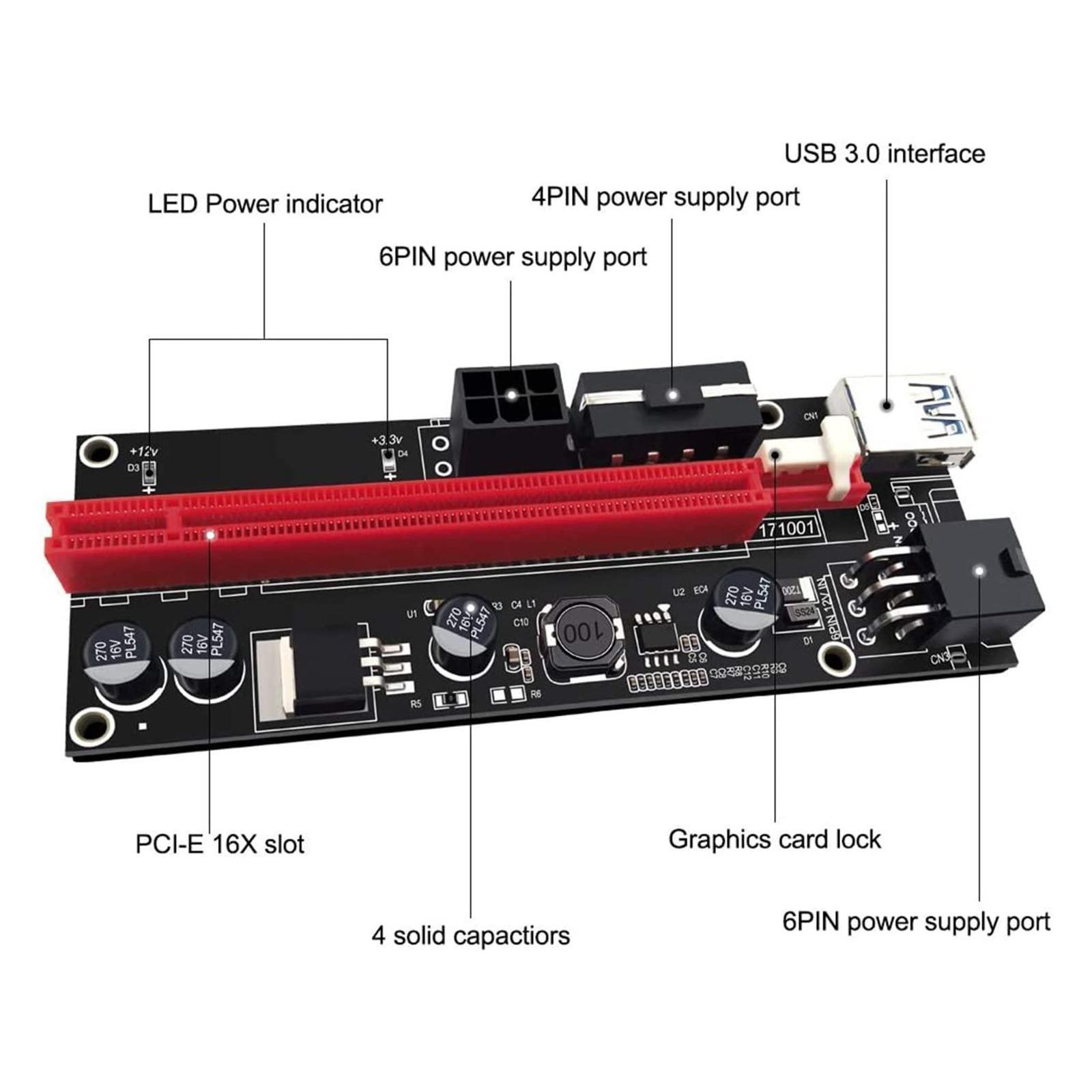 PCIE Riser Card Adapter Riser Card PCI-E 008s 4Pin SATA 6PIN 1x to 16x 2x USB3.0 Adapter Card