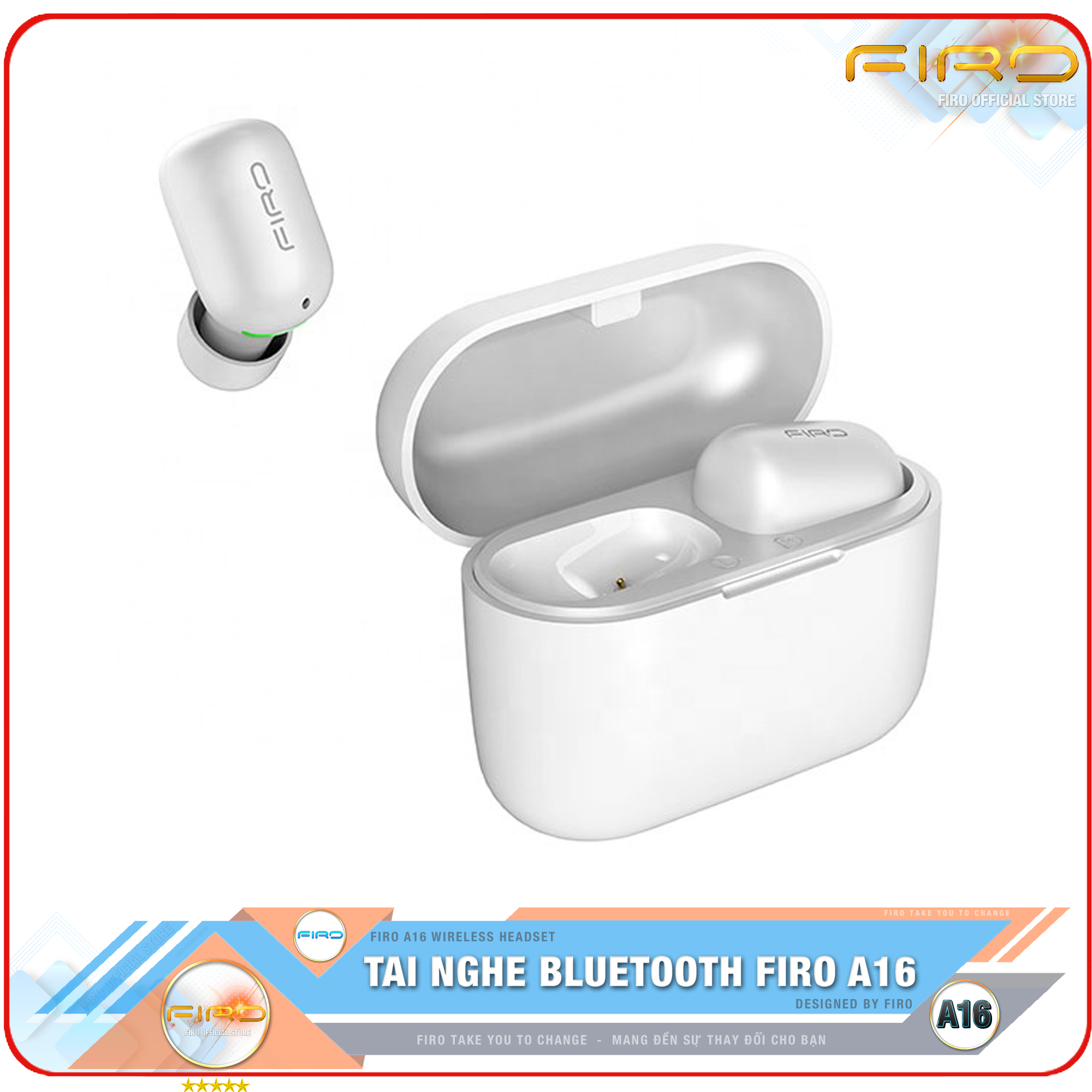 Tai Nghe Bluetooth FIRO A16 - Pin Dock Sạc 380mAh - Điều Khiển Cảm Ứng - Kháng Nước IPX5 - Thời Gian Sử Dụng 5 Giờ Liên Tục - Tai Nghe Bluetooth Nhét Tai Không Dây FIRO - Tai Nghe Gaming FIRO Cao Cấp - Hàng Chính Hãng