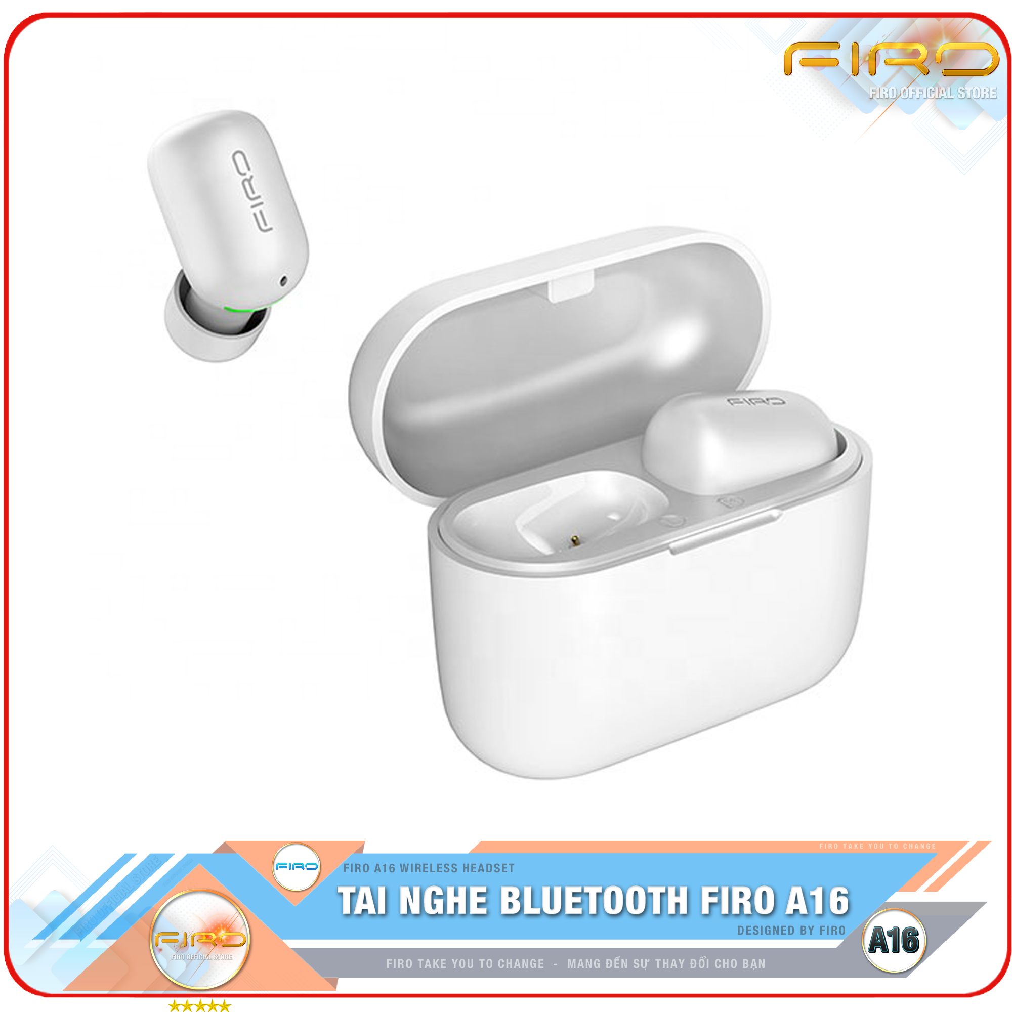 Tai Nghe Bluetooth FIRO A16 - Pin Dock Sạc 380mAh - Điều Khiển Cảm Ứng - Kháng Nước IPX5 - Thời Gian Sử Dụng 5 Giờ Liên Tục - Tai Nghe Bluetooth Nhét Tai Không Dây FIRO -  Tai Nghe Gaming FIRO Cao Cấp - Hàng Chính Hãng