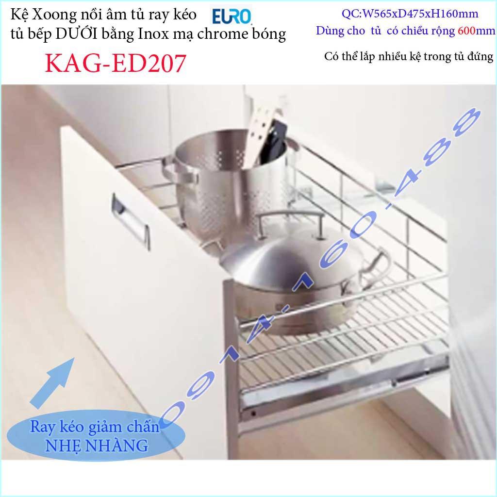 Kệ xoong nồi Euro KAG-ED207-60cm, giá xoong nồi inox âm tủ 60cm có ray giảm chấn tủ bếp dưới ray êm ái sử dụng tốt
