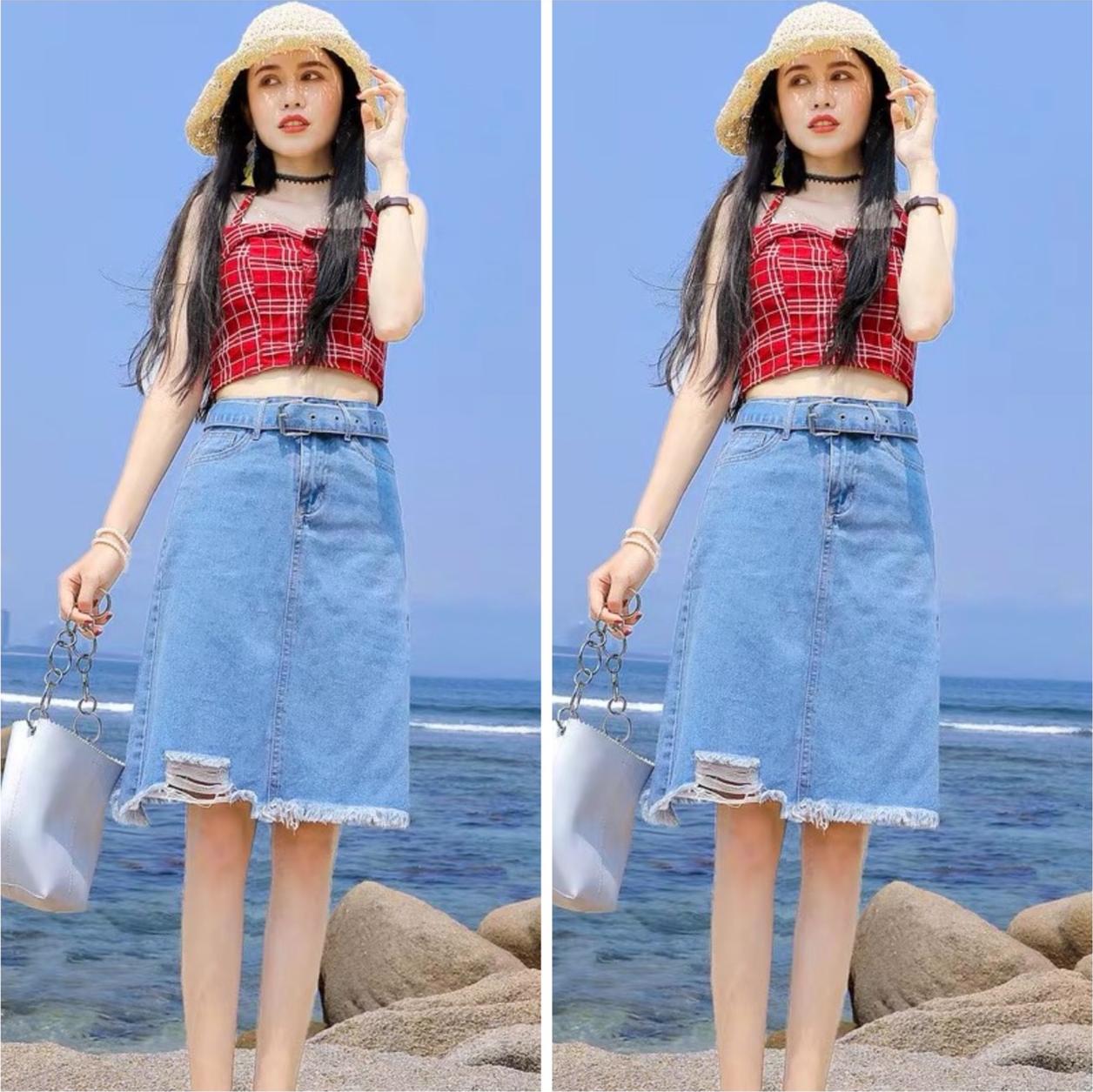 CHÂN VÁY JEAN DÀI PHOM CHỮ A VẢI JEAN MỀM KHÔNG CO DÃN ms 1760
