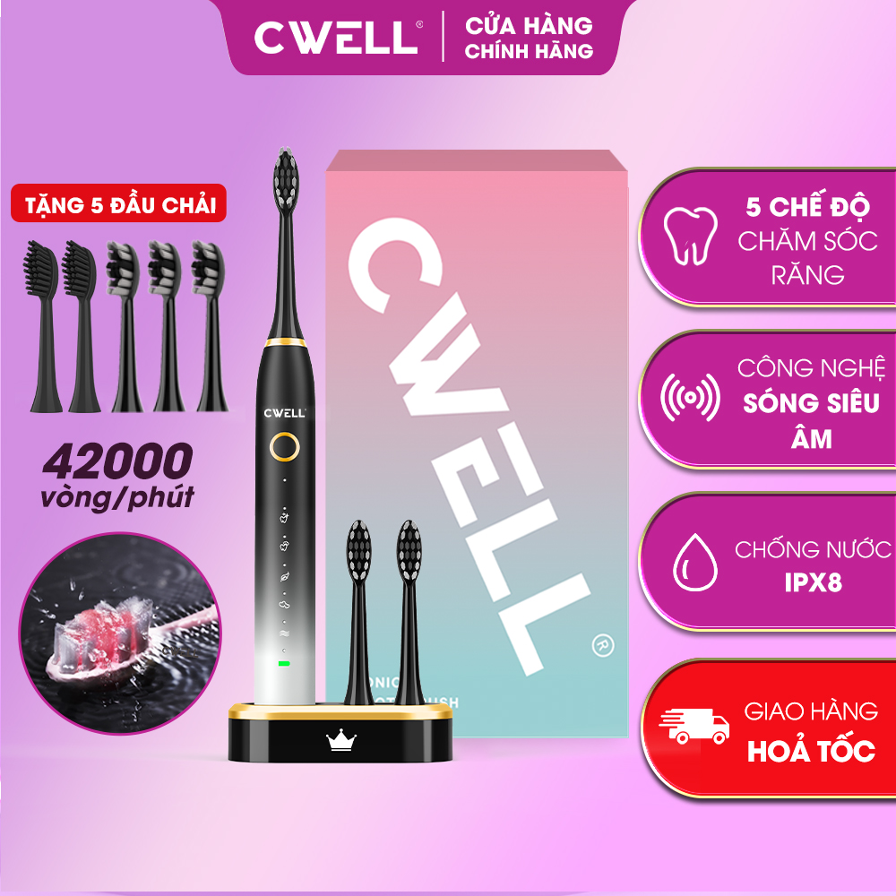 Bàn chải điện CWELL S1 PRO, 5 chế độ đánh răng tự động, tặng kèm 5 đầu bàn chải chống nước IPX8 chải sạch mảng bám tới 10X