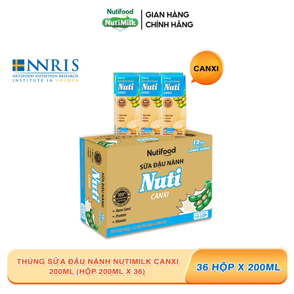 Thùng Sữa Đậu Nành Nutimilk Canxi 200ml (Hộp 200ml x 36) - Bổ Sung Thêm Canxi