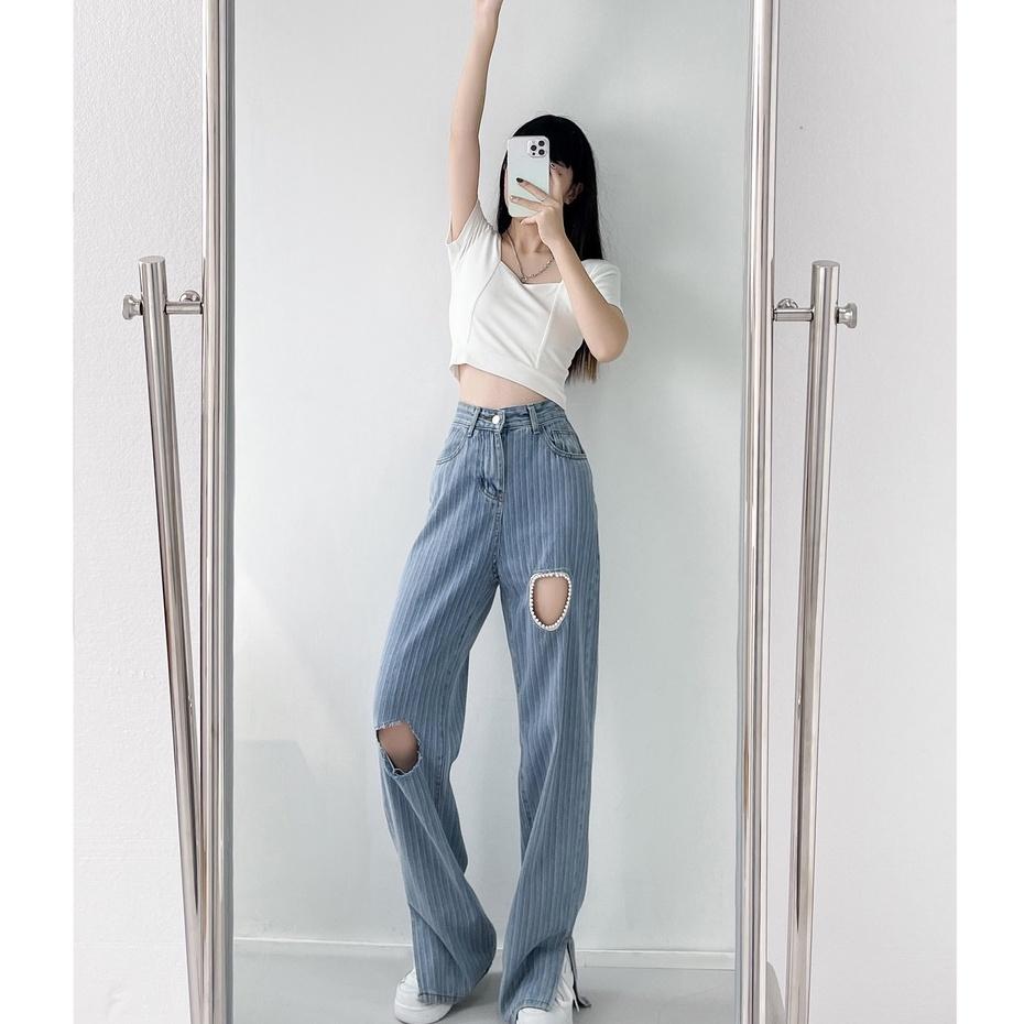 【Cocory】Women Korean Retro High waist Fork Loose Casual Straight Thin All Match Hole Jeans