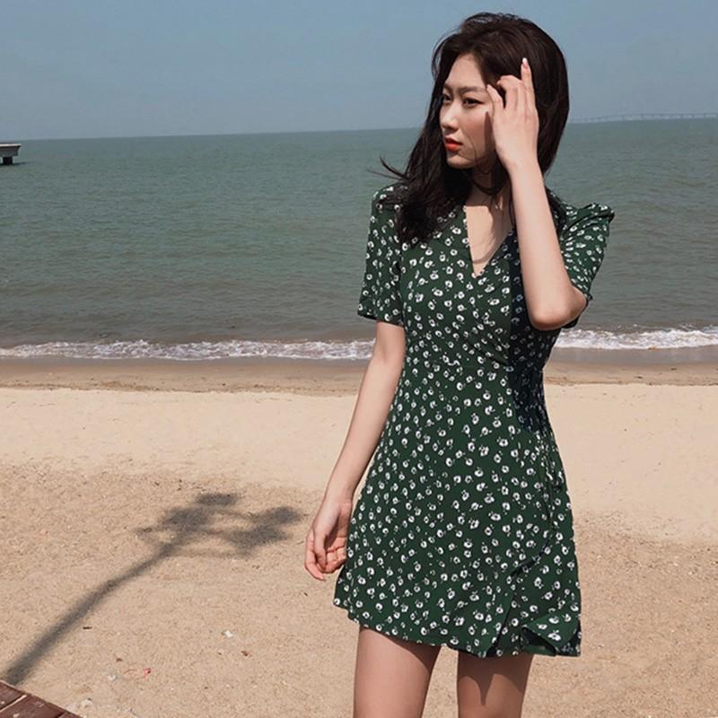 Đầm Nữ Ngắn Tay Cổ Chữ V In Hoa Thời Trang