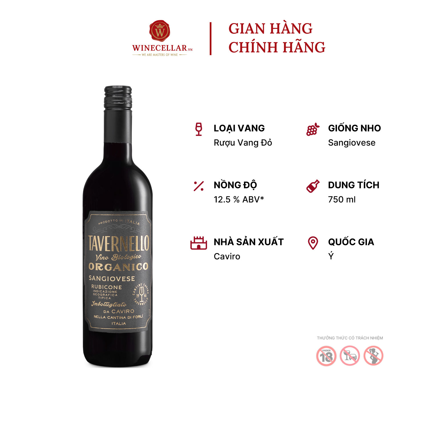 Rượu Vang Đỏ Tavernello Organico Sangiovese Rubicone - Nhập Khẩu Chính Hãng