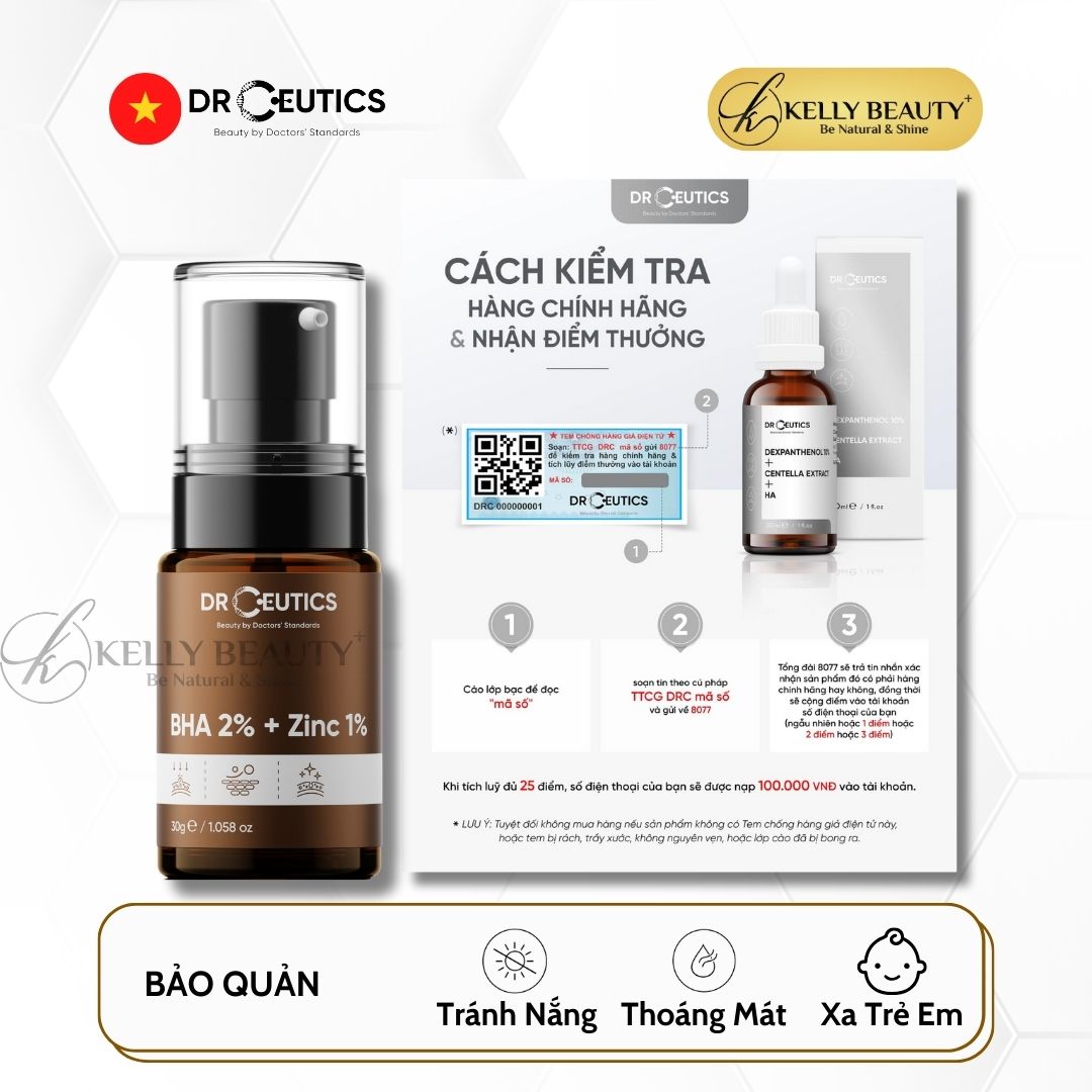 Serum Mụn DrCeutics BHA 2% + ZinC 1% - Cải Thiện & Ngừa Mụn; Giúp Kiềm Dầu | Kelly Beauty