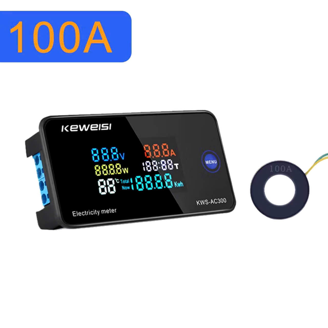 Công Tơ Điện Tử 6 Trong 1 Đo Công Suất, Cường Độ, Điện Áp Xoay Chiều AC 50~300V, 100A/10A Màn Hình Màu Lớn