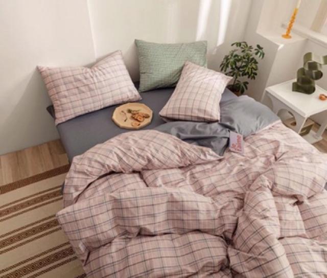 Set Cotton Living Hàng Nhập Khẩu Cao Cấp 4 Món Kẻ Hồng Tím