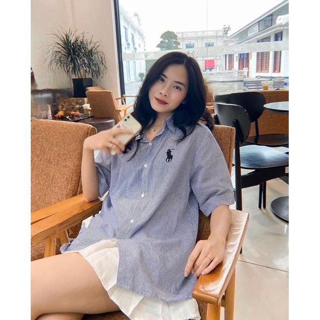 Áo sơmi kẻ sọc thêu logo xinh xắn