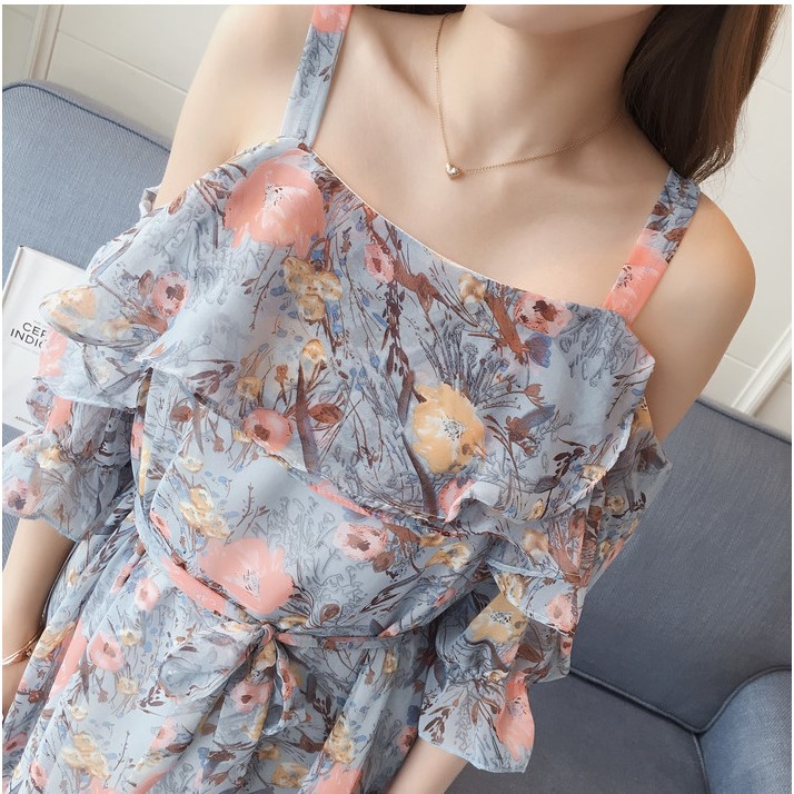 Đầm váy nữ thời trang Đũi Việt, đầm chất Chiffon hoạ tiết hoa thiết kế trễ vai quyến rũ DV102