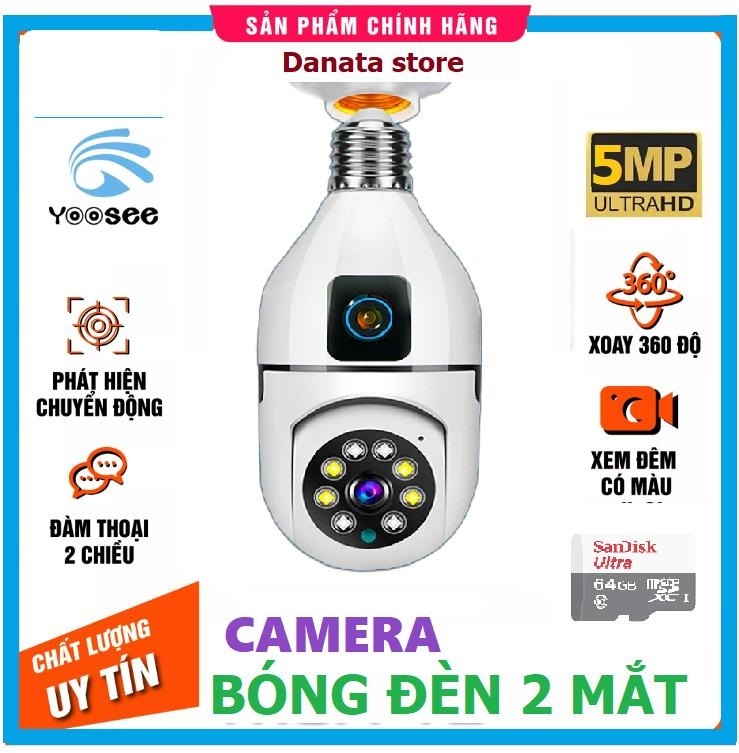 (Lỗi 1 đổi 1) Camera Yoosee BÓNG ĐÈN 2 MẮT (1 CỐ ĐỊNH, 1 XOAY) thế hệ mới 5.0MP - xoay 360 độ, xem đêm có màu - Hàng nhập khẩu