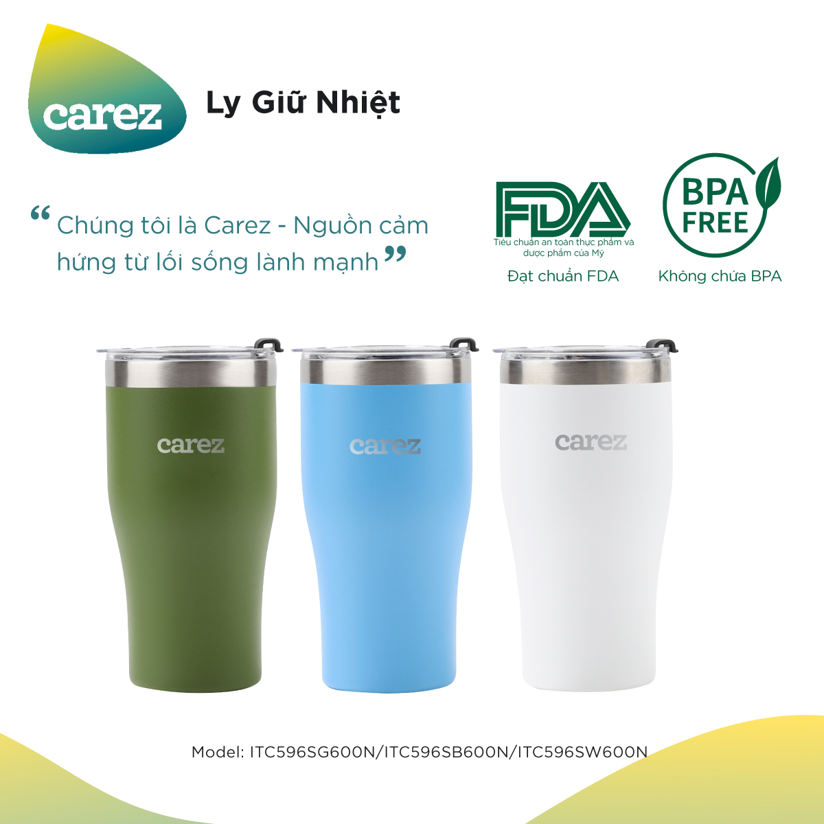 Ly Giữ Nhiệt Carez ITC596SB600N - XANH - 600ml, Inox 304, Không chứa BPA - Giữ nóng đến 5 tiếng, giữ lạnh đến 12 tiếng - Hàng chính hãng