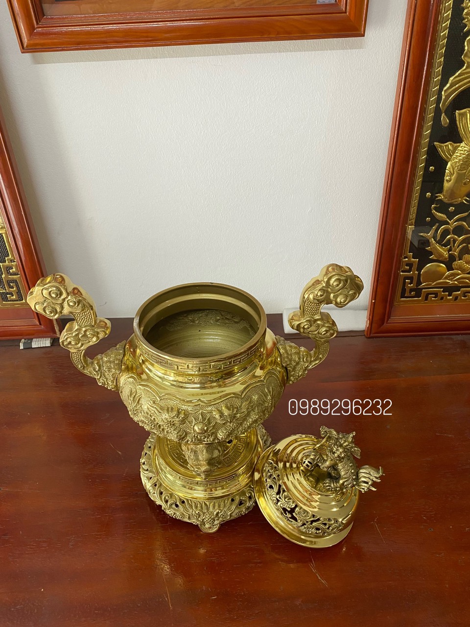 Quả đỉnh thờ lư thờ lư hương bằng đồng nguyên chất cao 34cm