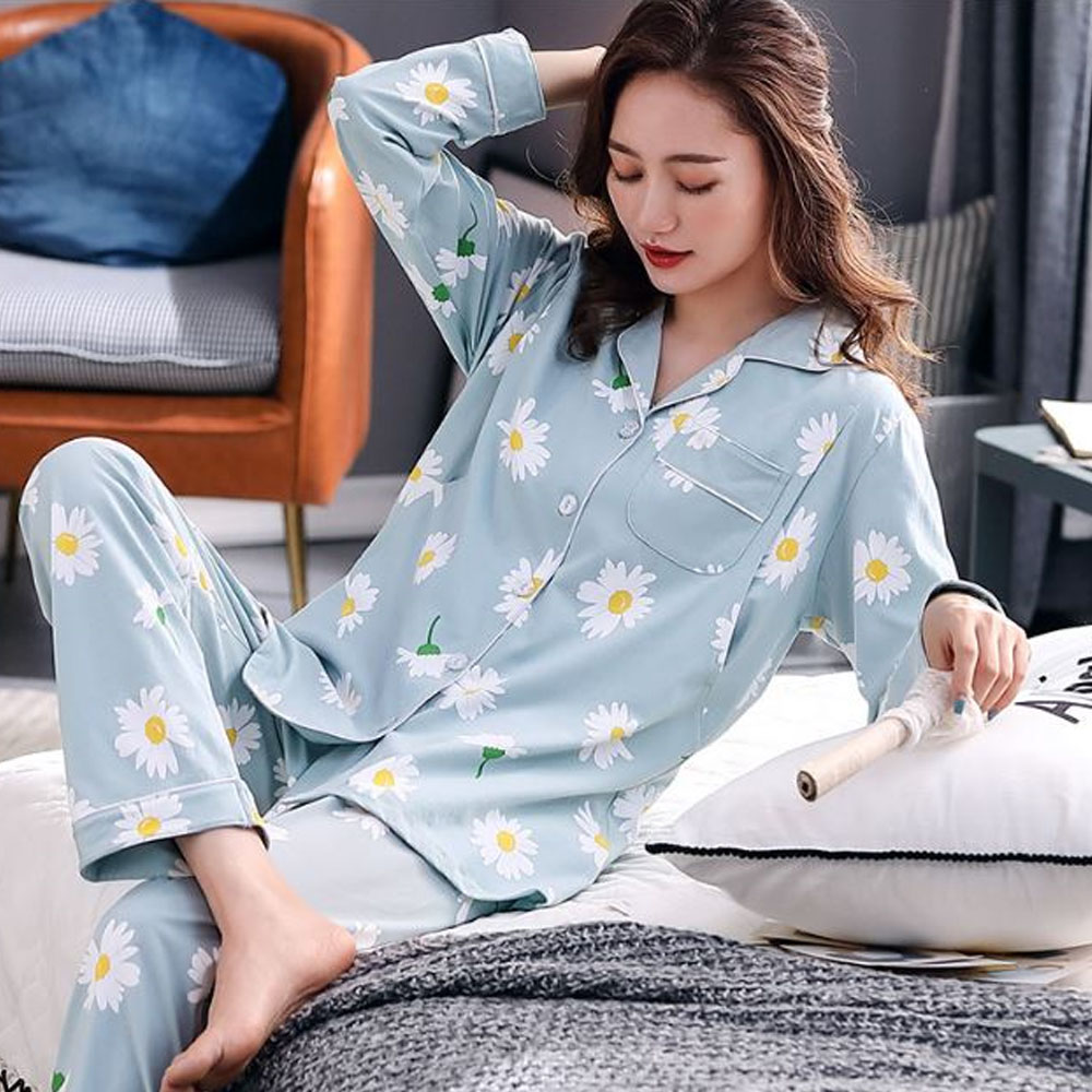 Bộ Đồ Pyjama Bầu Và Sau Sinh Dài Tay Az9446 Chất Liệu 100%Cotton Họa Tiết Hoa Cúc Dễ Thương Có Thiết Kế Cho Bé Ti