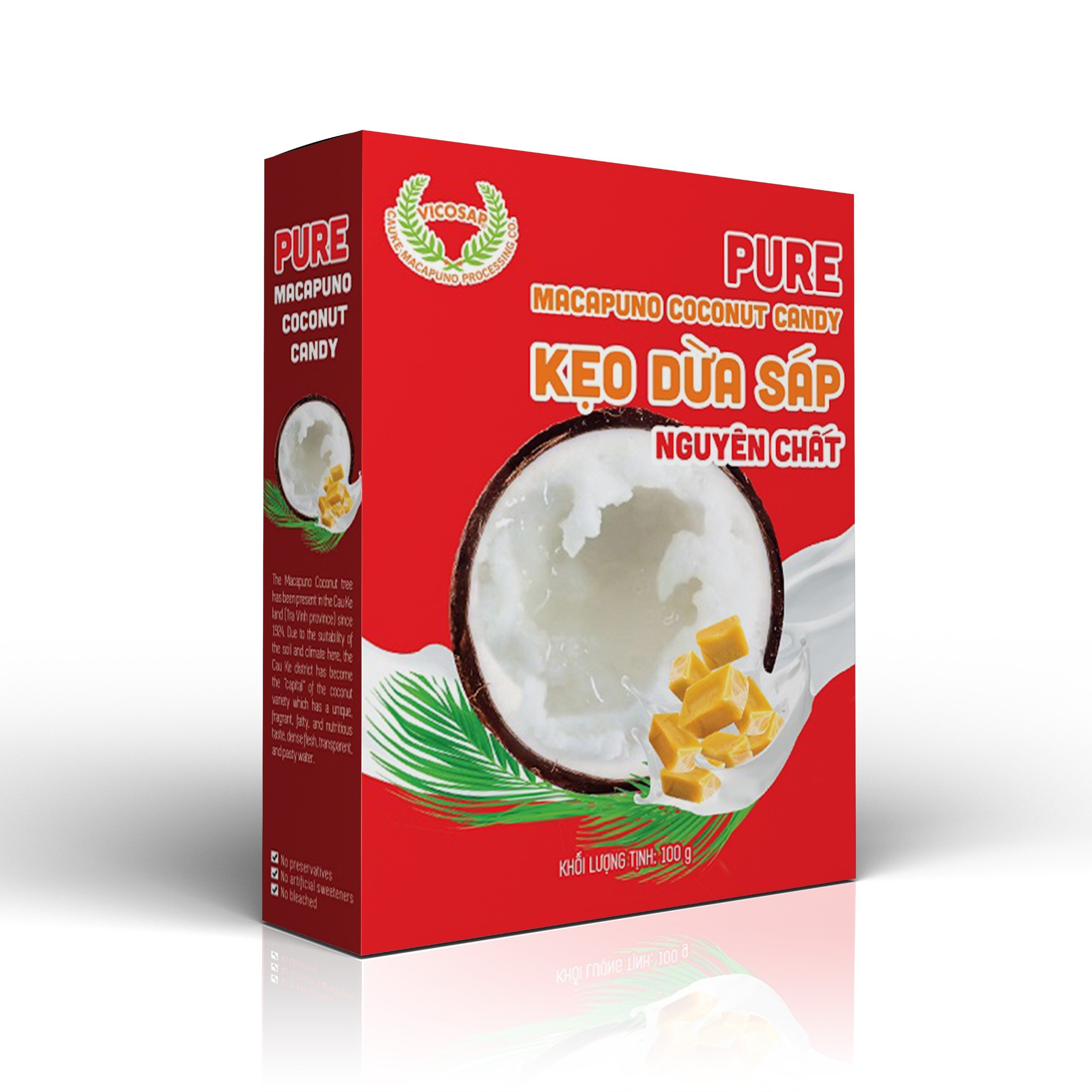 Kẹo dừa sáp VICOSAP vị cacao lá dứa nguyên chất kẹo mềm dẻo ít đường đặc sản Trà Vinh hộp 100g