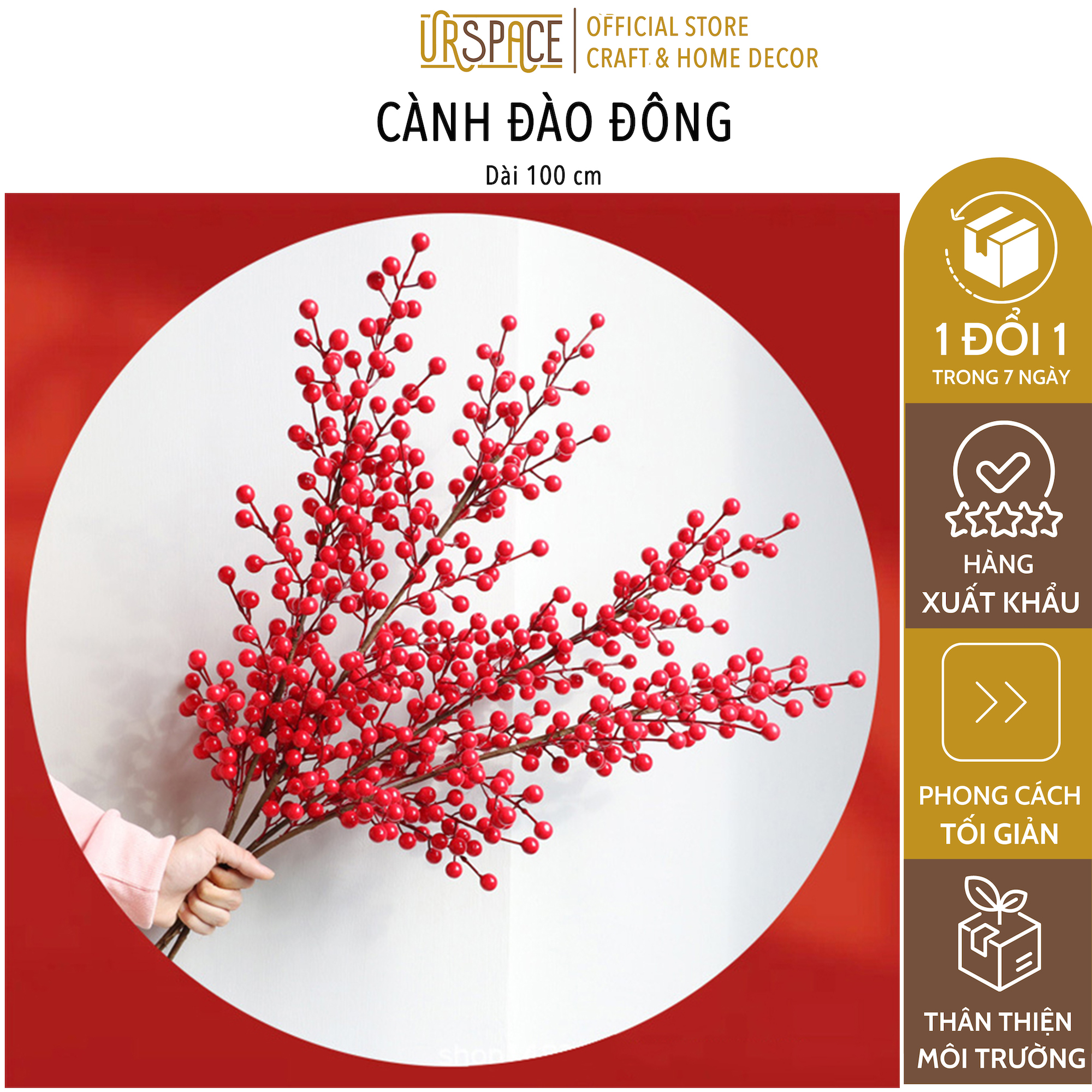 Cành Đào Đông URSPACE Đỏ giả cao cấp, trang trí nhà cửa, văn phòng, decor