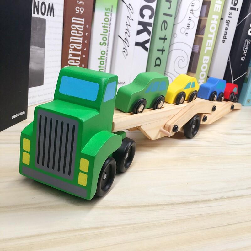 Đồ Chơi Gỗ Mô Hình Xe Đầu Kéo 2 Tầng Chở 4 Xe Ô Tô Con Đồ Chơi An Toàn Cho Bé
