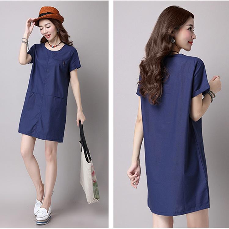 Đầm suông đũi cổ tròn 2 túi trước, thời trang phong cách trẻ - Xanh than