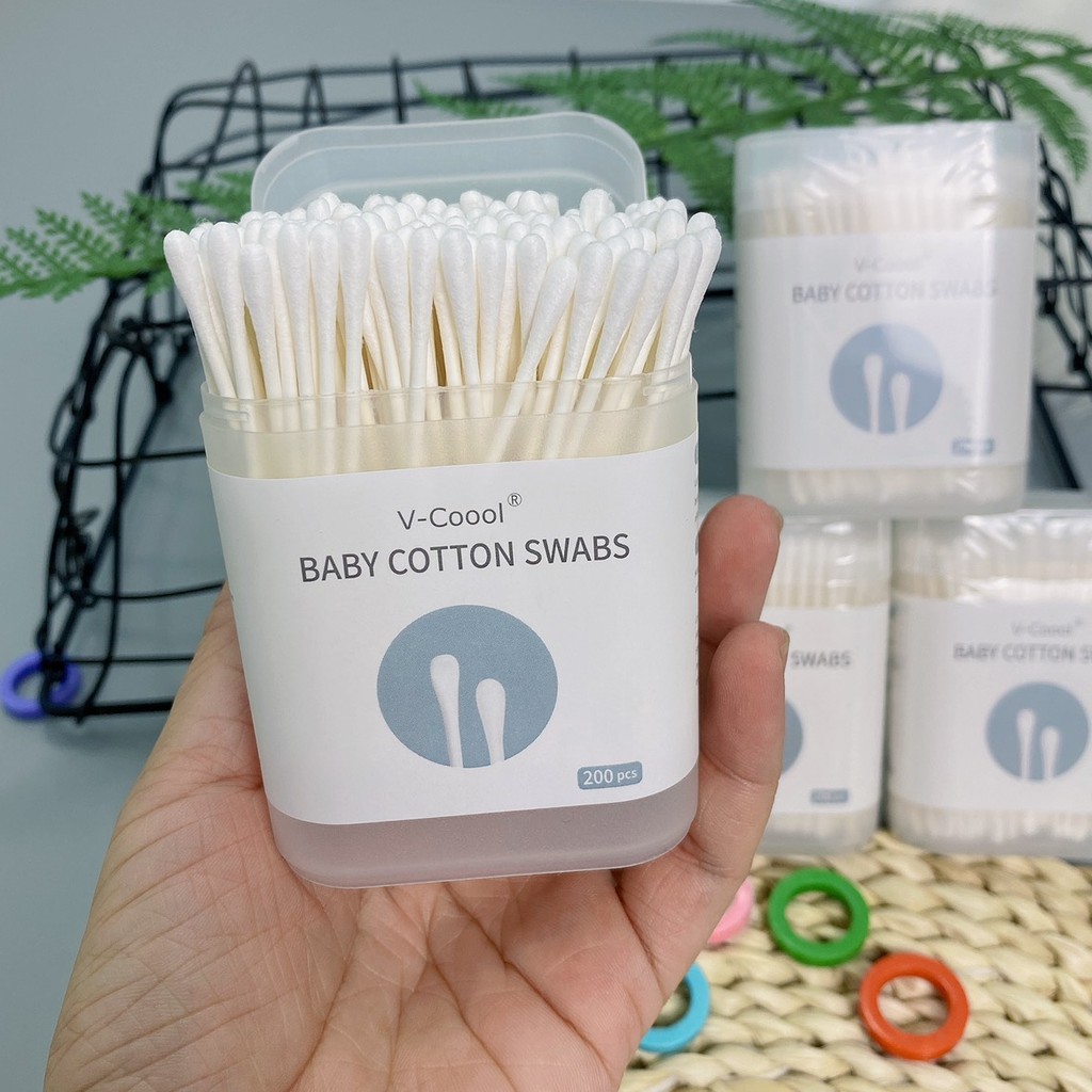 Tăm bông V-Coool đa năng hộp 200 que, làm sạch mắt, mũi, tai, miệng an toàn cho bé sơ sinh