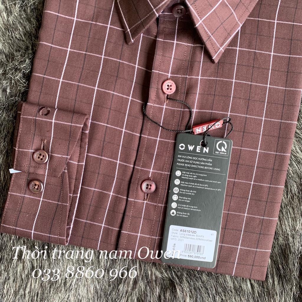 OWEN - Áo sơ mi dài tay Owen Slimfit chất sợi tre kẻ ca rô màu nâu 61012