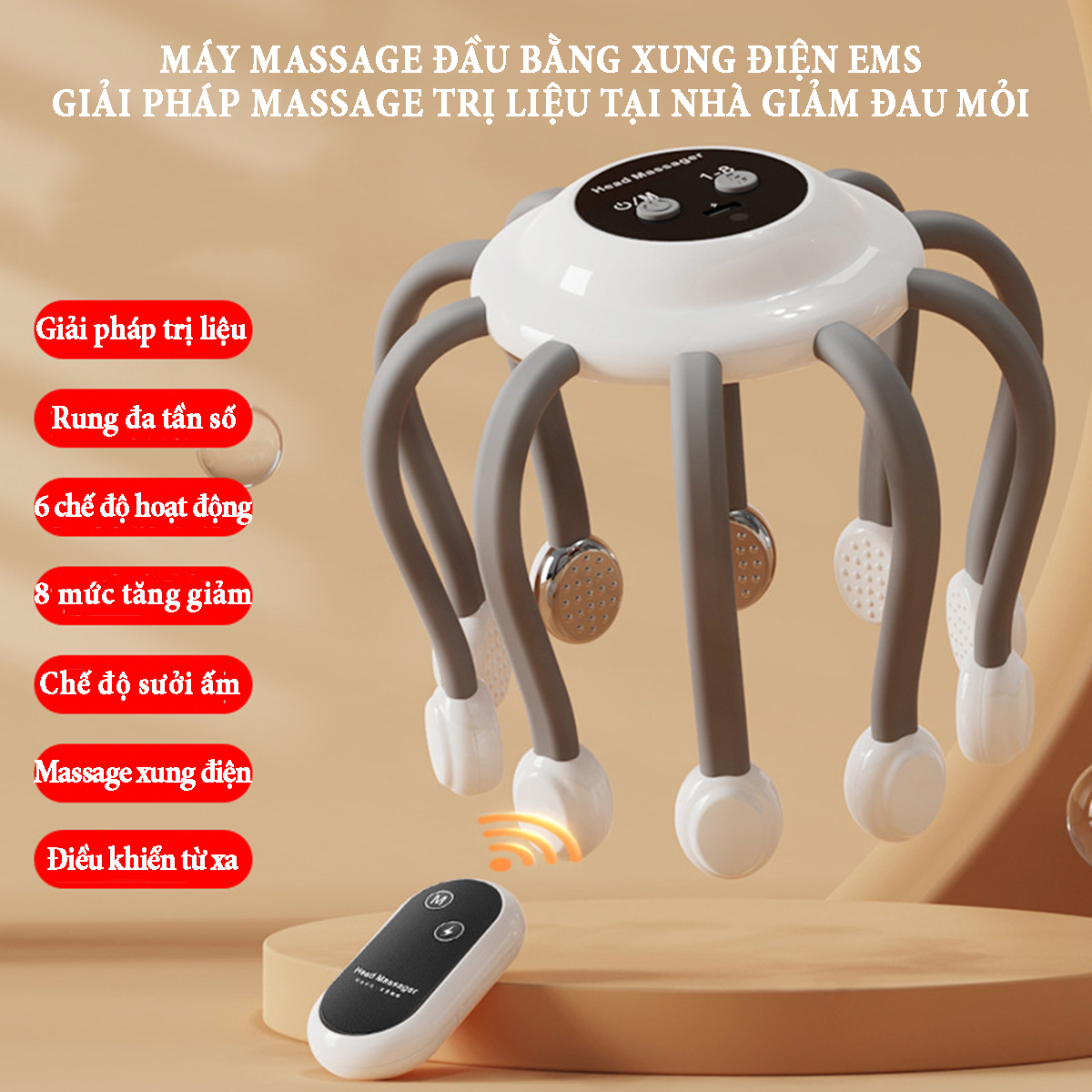 Máy massage đầu bằng xung điện EMS có remoss điều khiển từ xa lựa chọn 7 chế độ hoạt động, 8 mức điều chỉnh tăng giảm, chức năng chườm nóng giải pháp massage trị liệu tại nhà