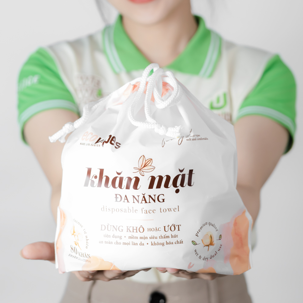 Khăn mặt khô đa năng Ecowipes cuộn 80 tờ size khăn 20x20cm dùng 1 lần lau khô lau ướt giấy lau mặt dùng một lần