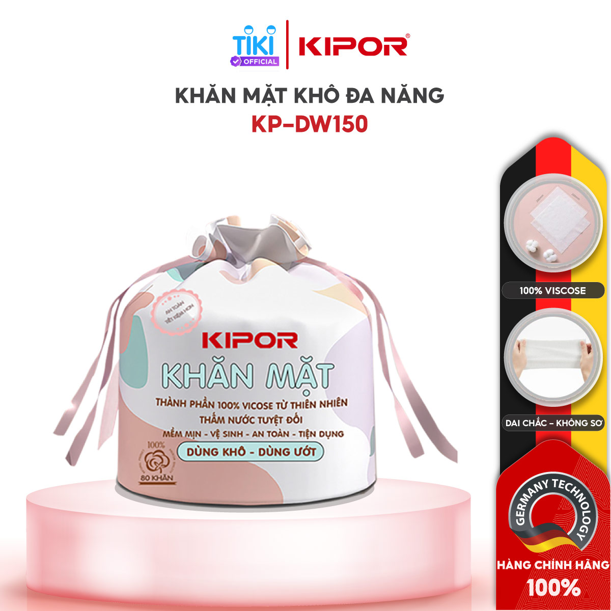 Khăn mặt khô KIPOR dùng 1 lần lau khô, lau ướt - 80 khăn/cuộn, kích thước 20x20cm - Hàng chính hãng