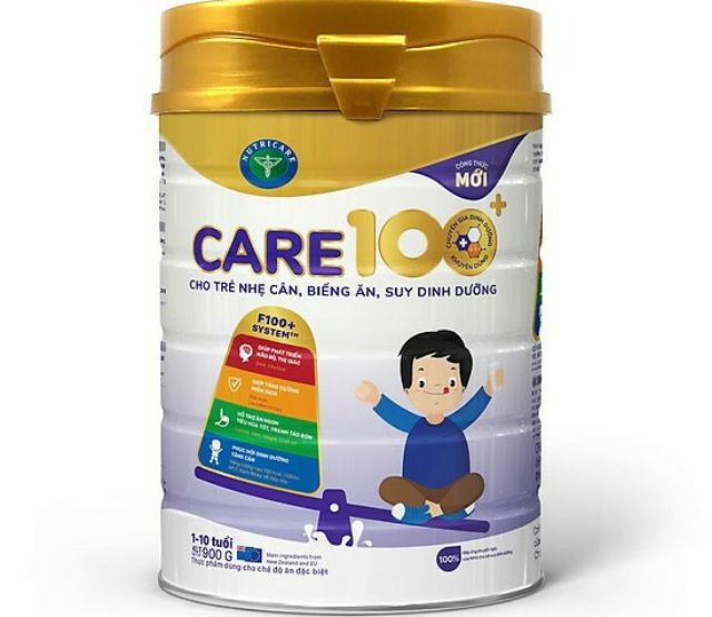 Sữa bột Nutricare Care 100+ mới cho trẻ nhẹ cân biếng ăn suy dinh dưỡng 1-10 tuổi (900g)