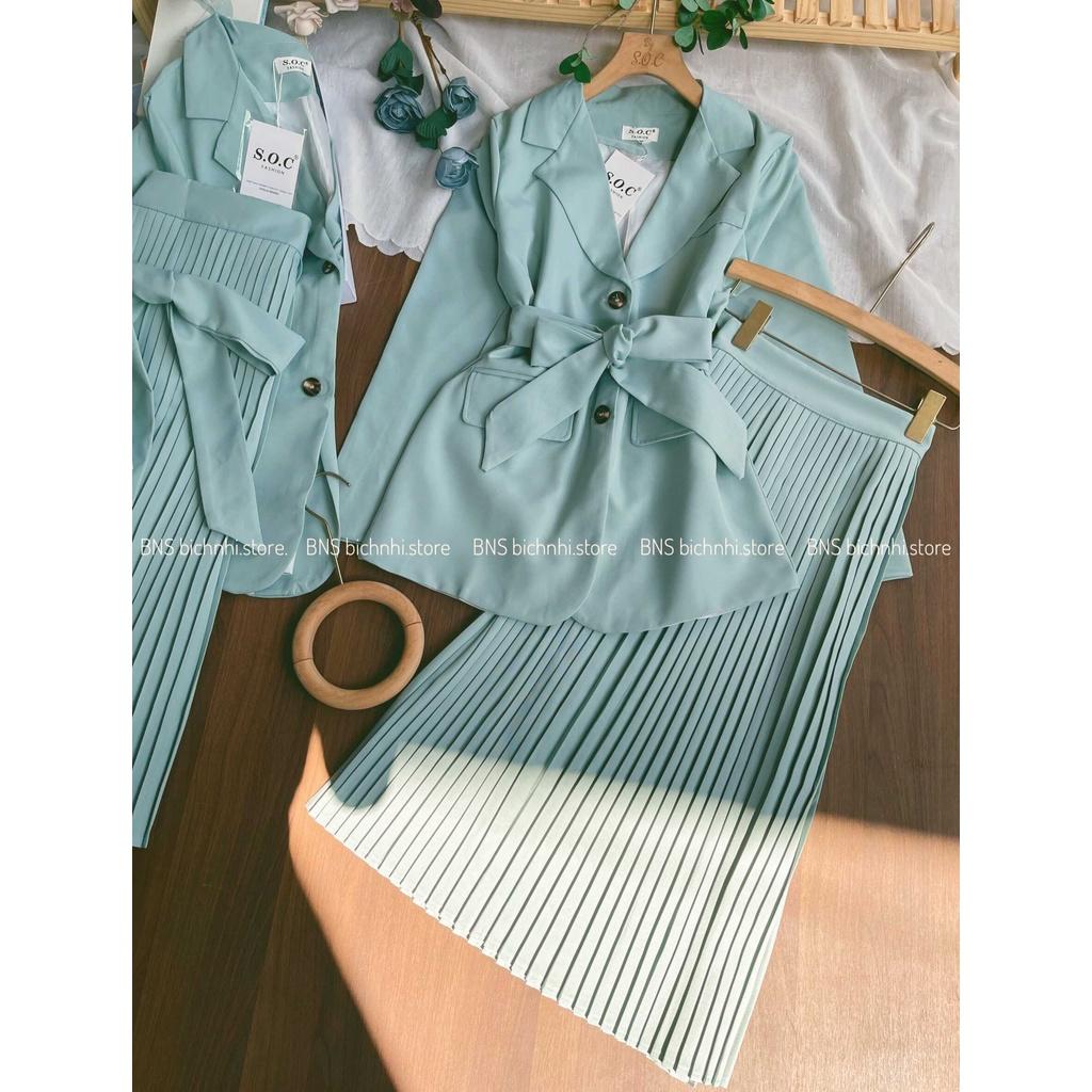 SET ÁO BLAZER & CHÂN VÁY DẬP LY - Notched Collar Belted Blazer & High Waist Pleated Skirt - BY BNS RÓPIN SET BNS001