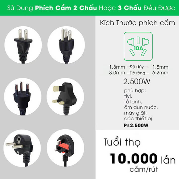 Ổ cắm điện đa năng 3 tầng 12 ổ cắm 3 cổng sạc nhanh USB 2.1A cho điện thoại, chịu tải 2500W, chống giật dây dài 1m8