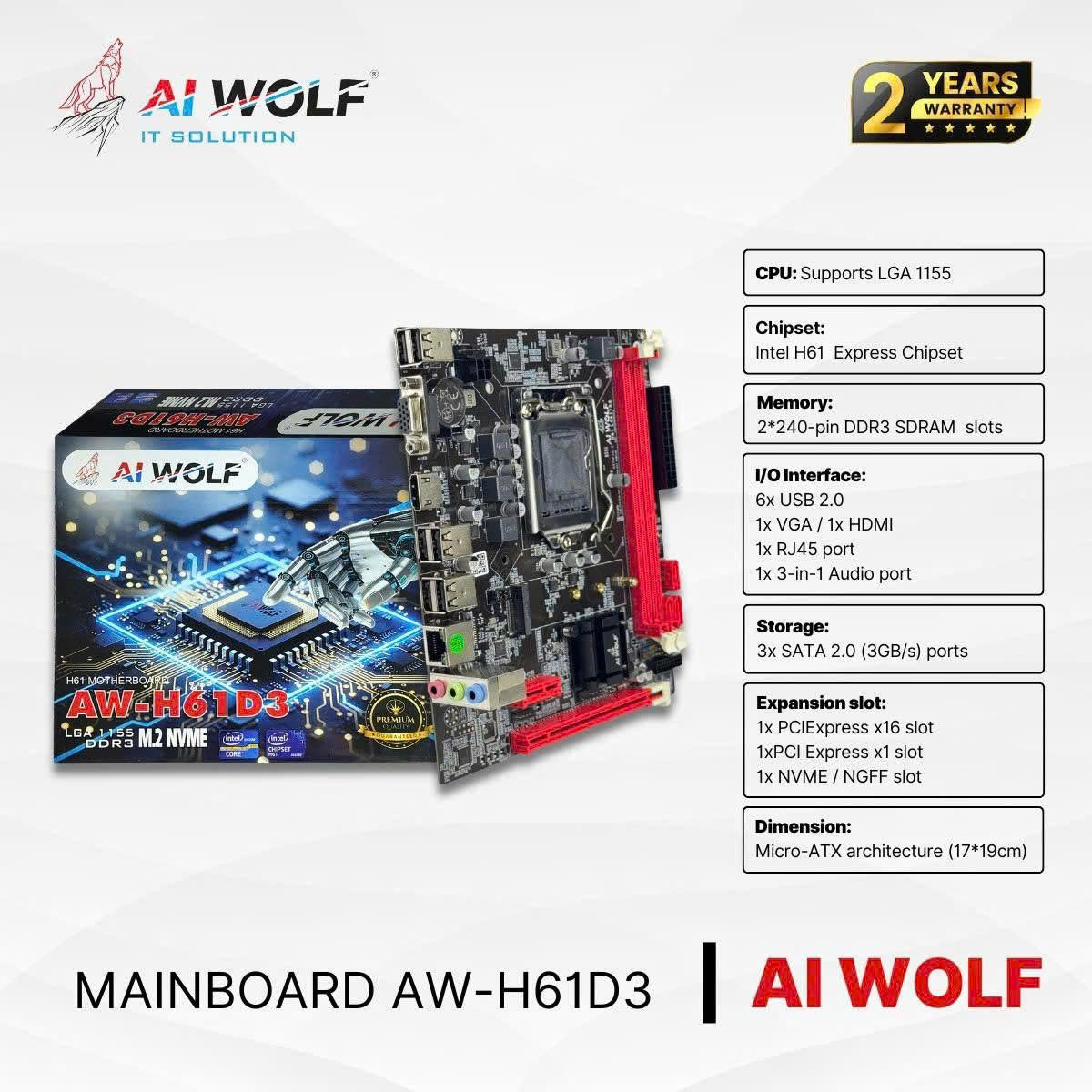 Bo Mạch Chủ Mainboard AIWOLF H61 D3 Socket LGA1155 – Hàng Chính Hãng