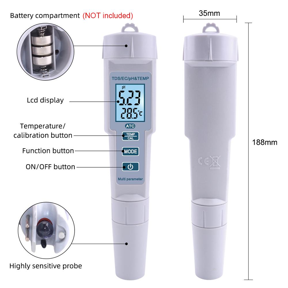 4 in 1 PH/EC/TDS/Temp Meter Water Quality Test Meter High Accuracy Measurement Range LCD Display Measure Tool for