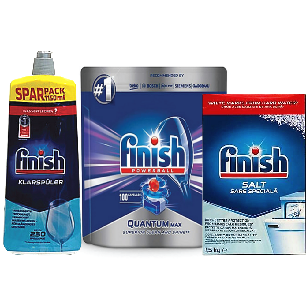 Muối Finish 1.5kg+Bóng Finish 1150ml+ 100 Viên Finish Quantum Max dùng cho Máy Rửa Bát