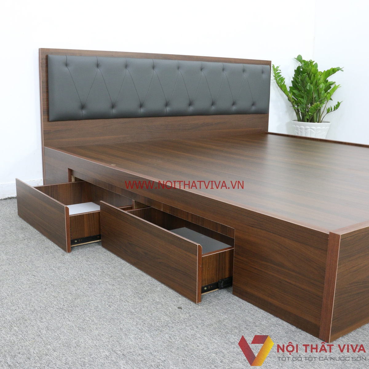 Giường Ngủ Gỗ MDF Phủ Melamine Màu Nâu Có Ngăn Kéo + Đầu Nệm Đen Đẹp