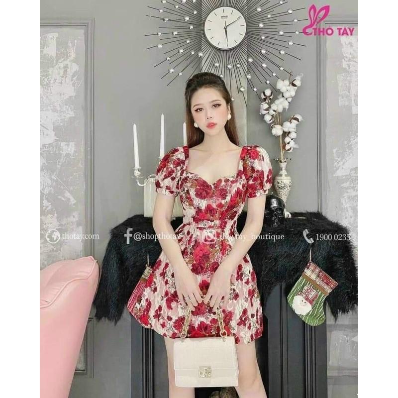 Đầm body hoạ tiết hoa tay phồng có mút ngực xinh lung linh kèm hình thật