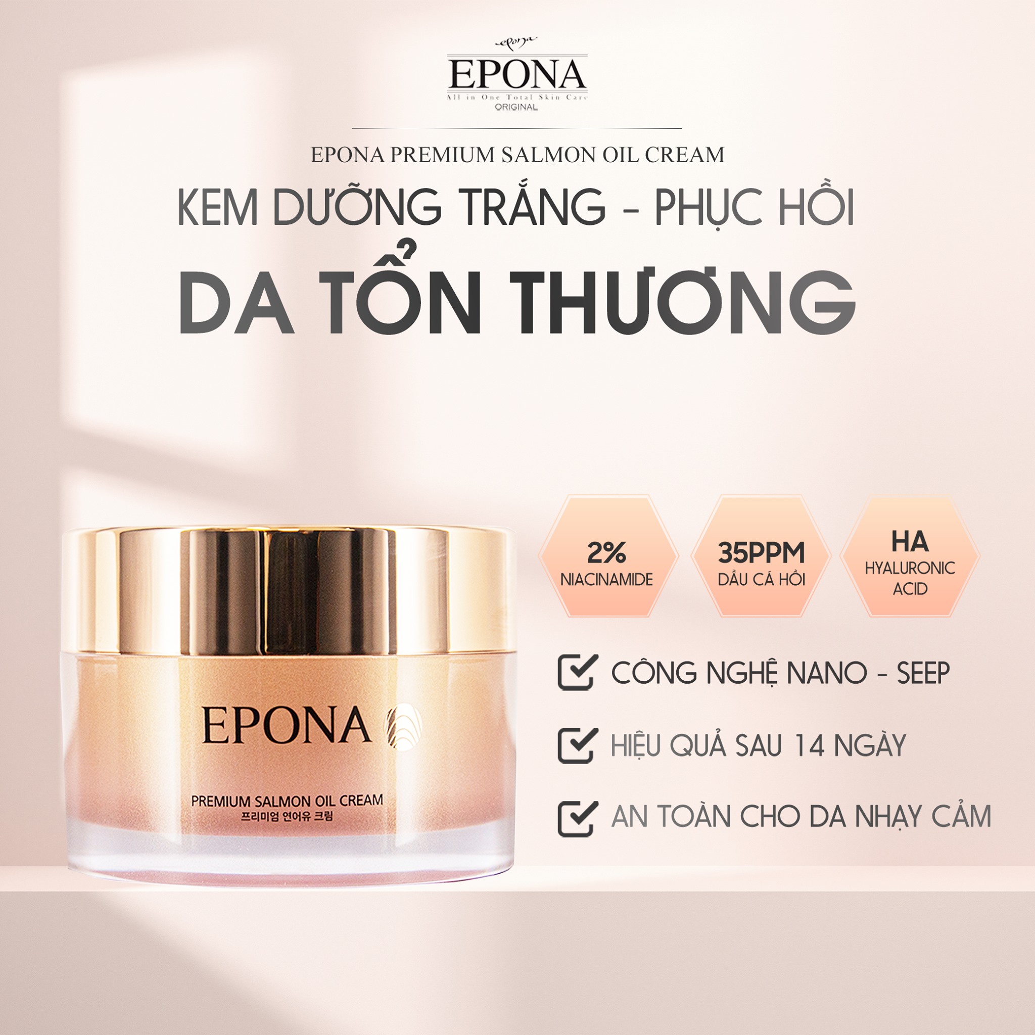 Kem Dưỡng Trắng - Phục Hồi Da Hư Tổn Chiết Xuất Dầu Cá Hồi Epona Premium Salmon Cream 50ml