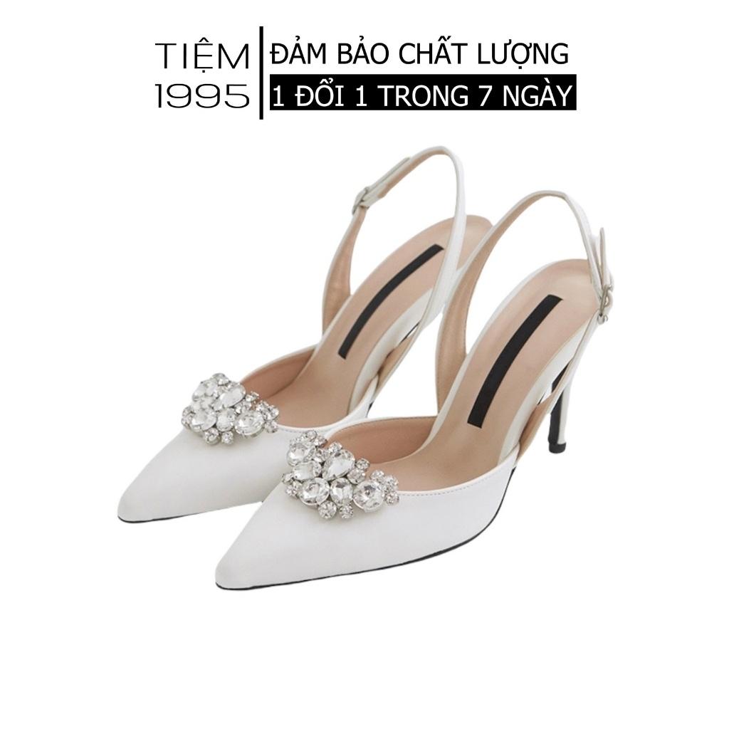 Giày cao gót, giày cưới cô dâu gót nhọn da lì đính đá màu trắng cao cấp - GCCD018