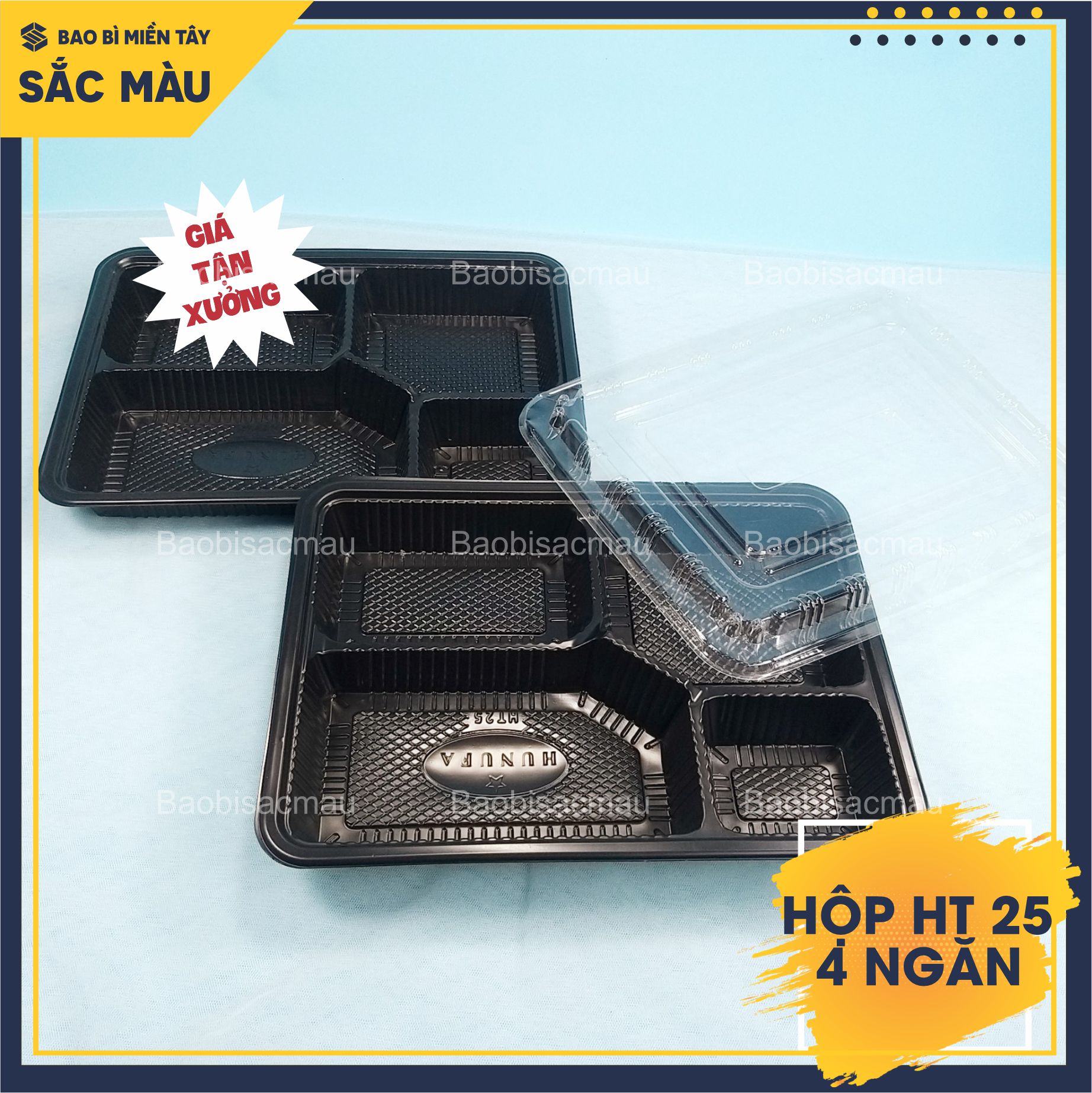 Sét 20 Hộp nhựa đế đen, nắp trong HT25 4 ngăn đựng cơm, đựng thức ăn, thực phẩm...