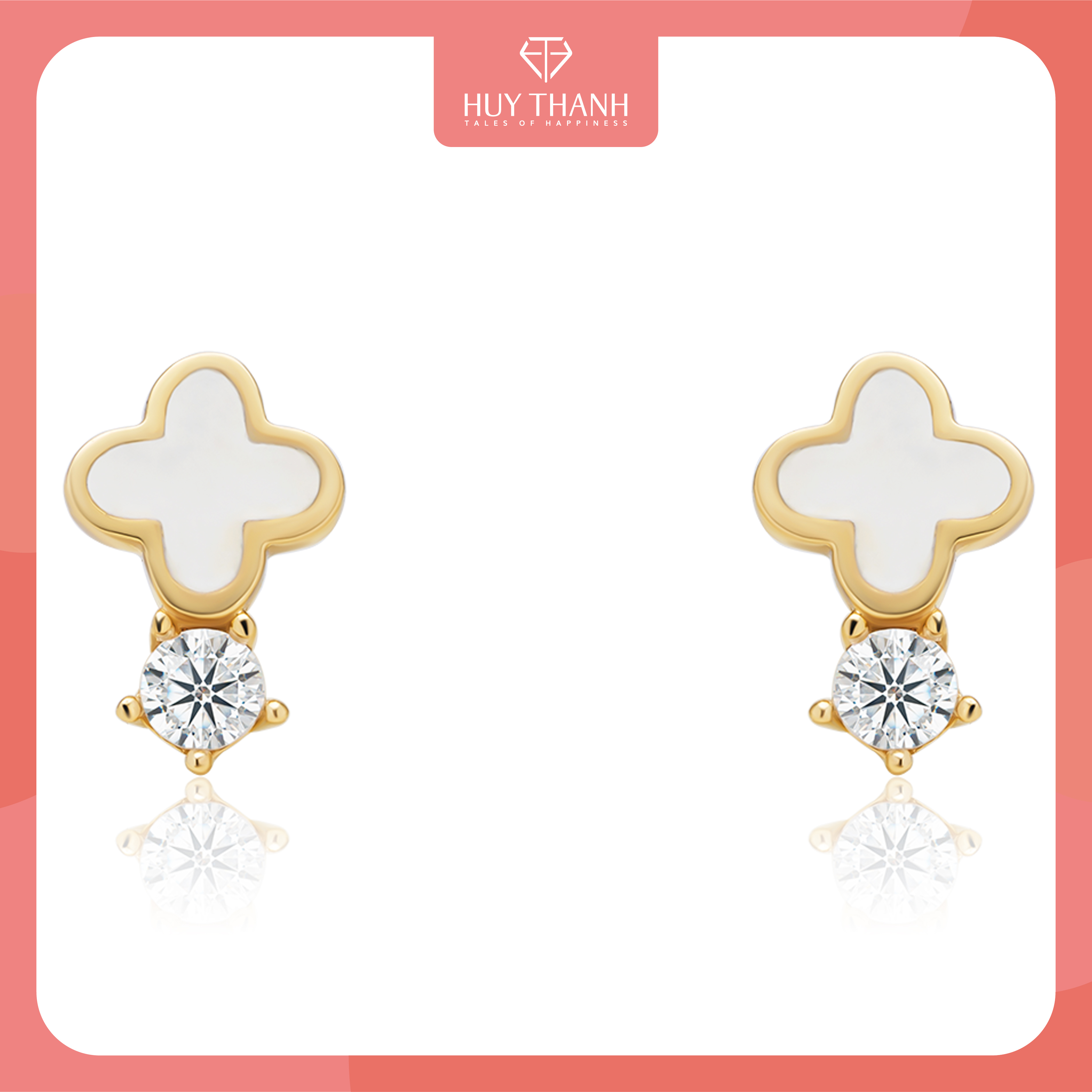 Bông Tai Nữ Hoạ Tiết Cỏ Bốn Lá May Mắn Đá Rơi Vàng 14K BTAM129 Huy Thanh Jewelry