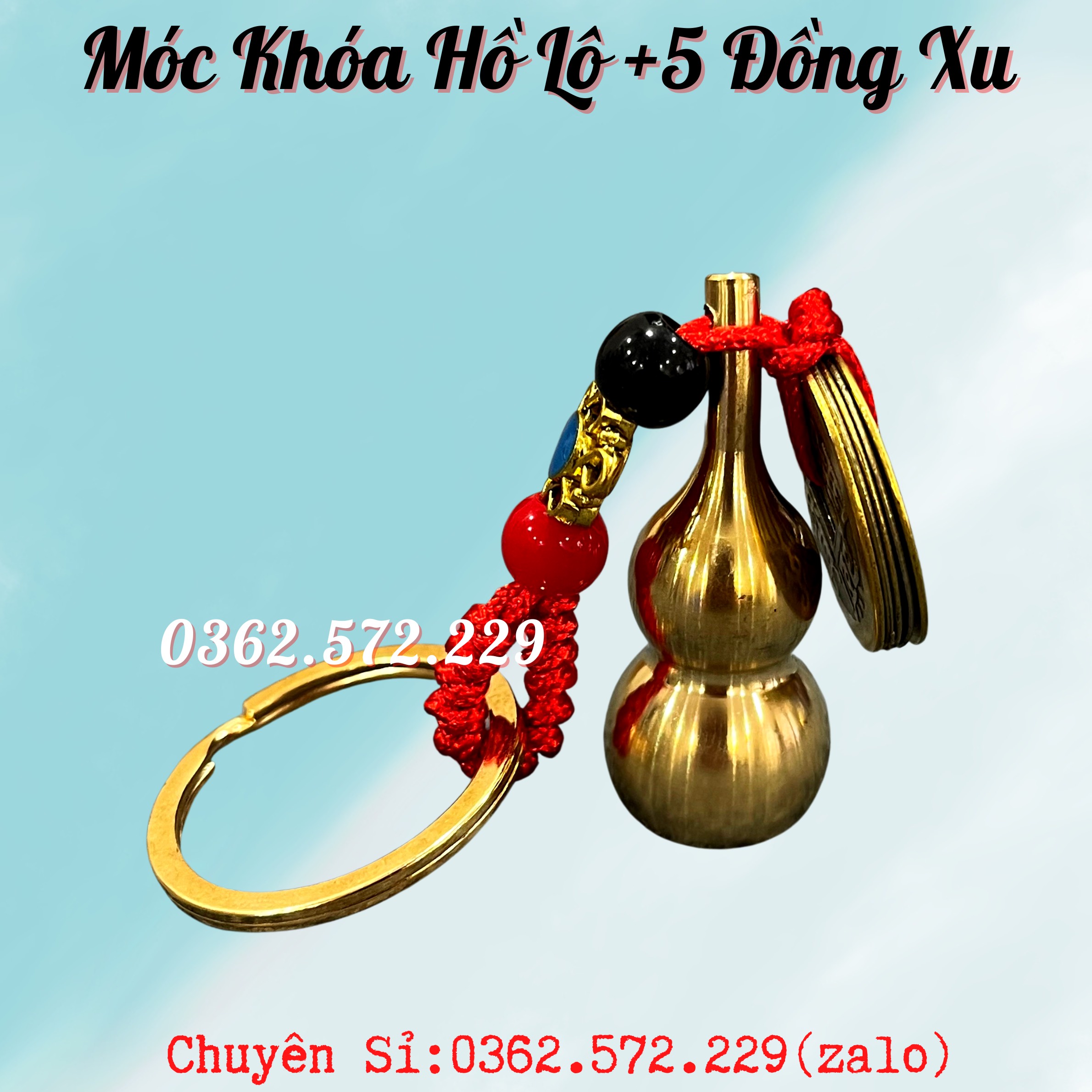 Móc khóa hồ lô đồng và 5 đồng xu phong thủy